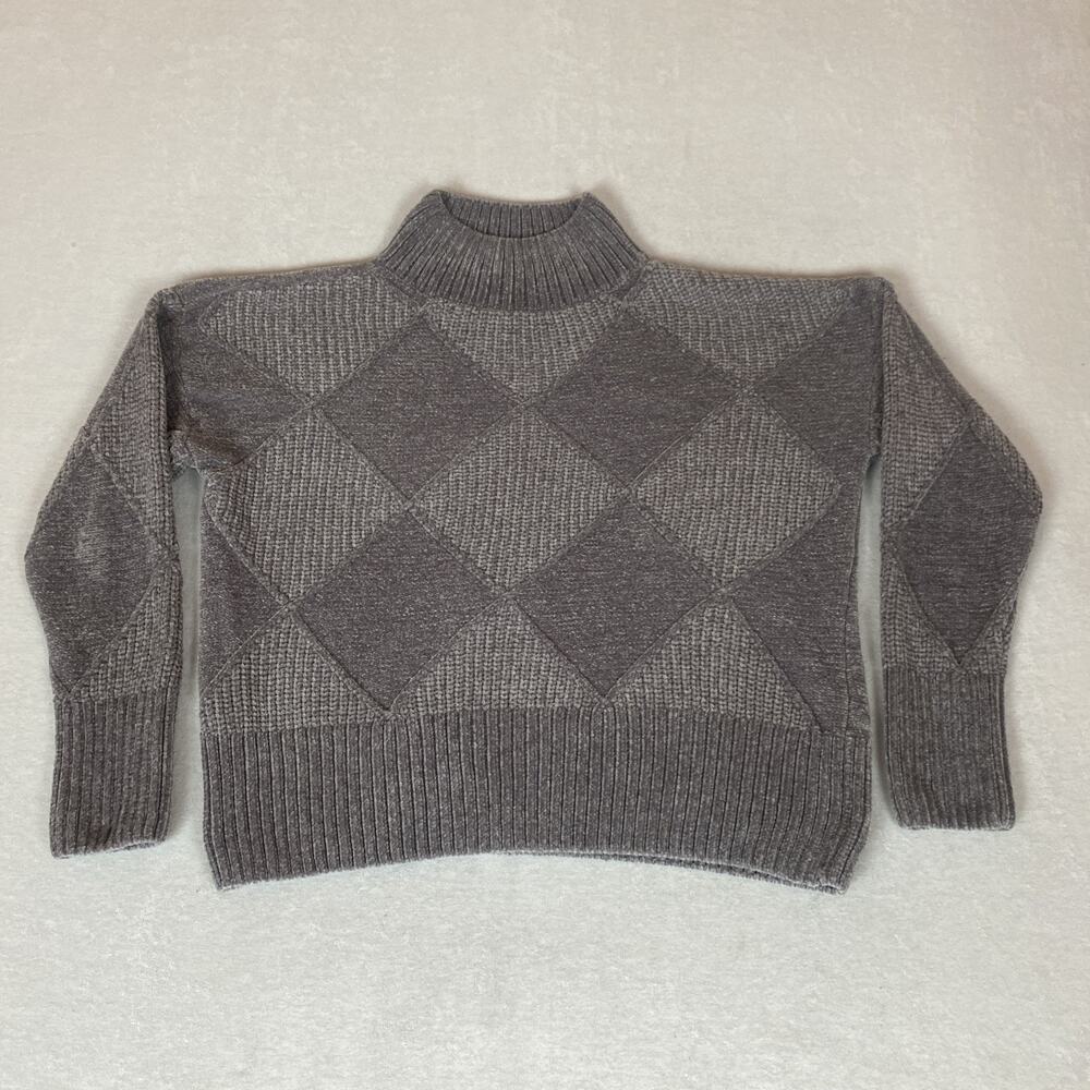 Christian Siriano Soft Cozy Knit Argyle Diamond Preppy Mock Neck Crop Sweater